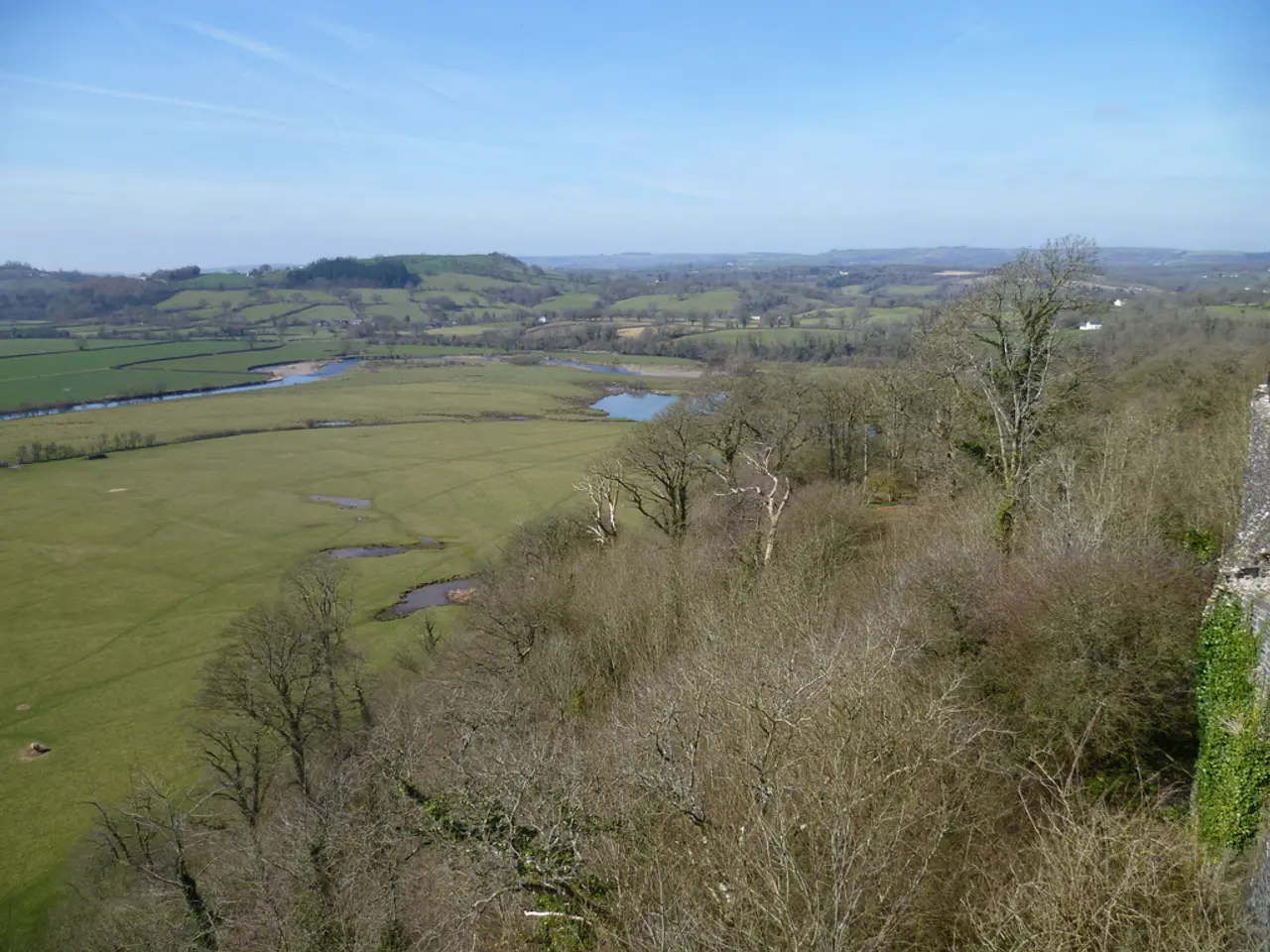 In this image there are trees, grass, ponds and mountains.