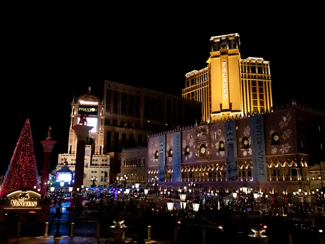 In this image there are building and some decoration lights, there are a few street lights. The...