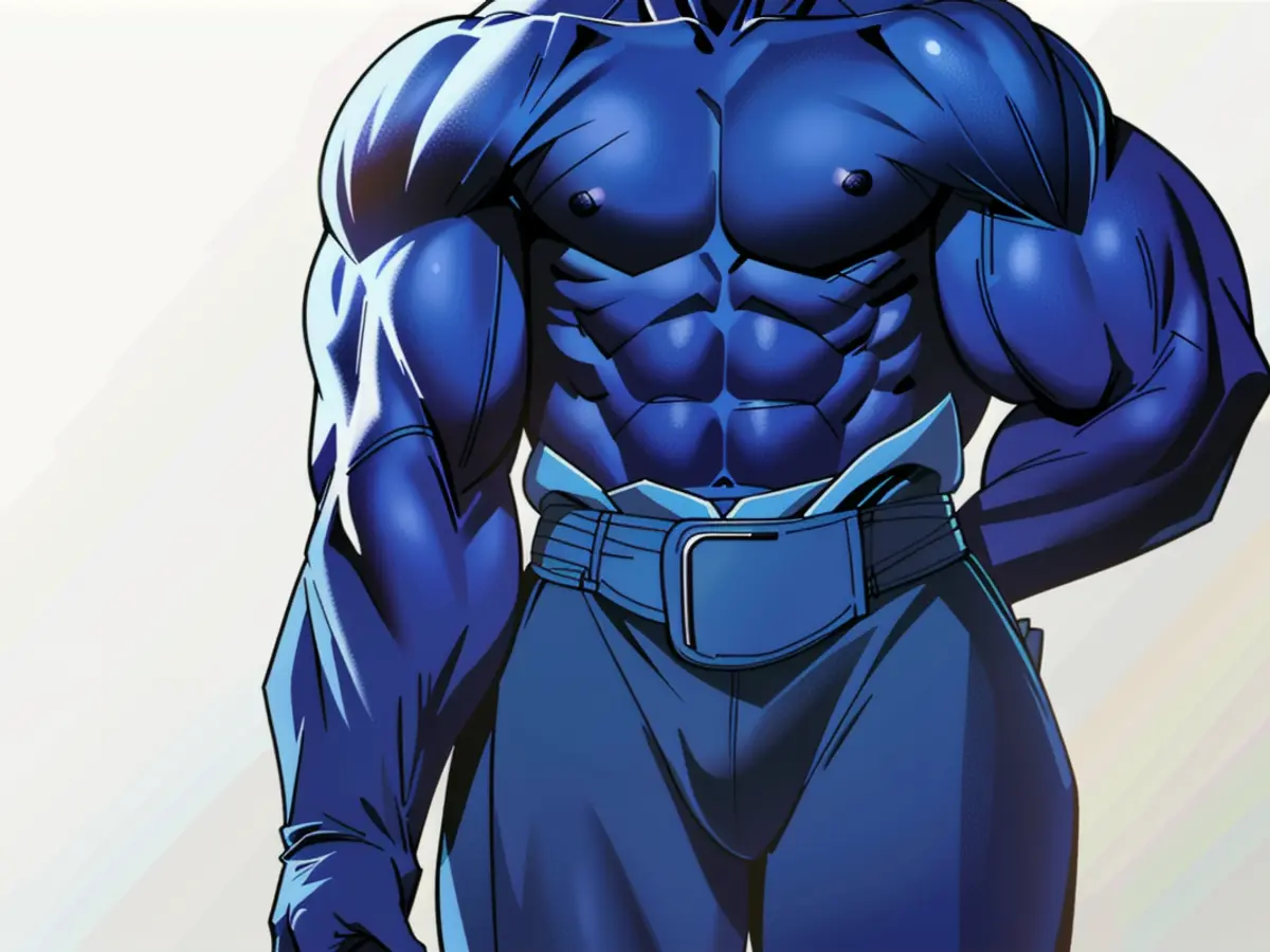 Individual sporting a blue hoodie with covered head and loose-fitting jeans, casually posed in a relaxed environment.